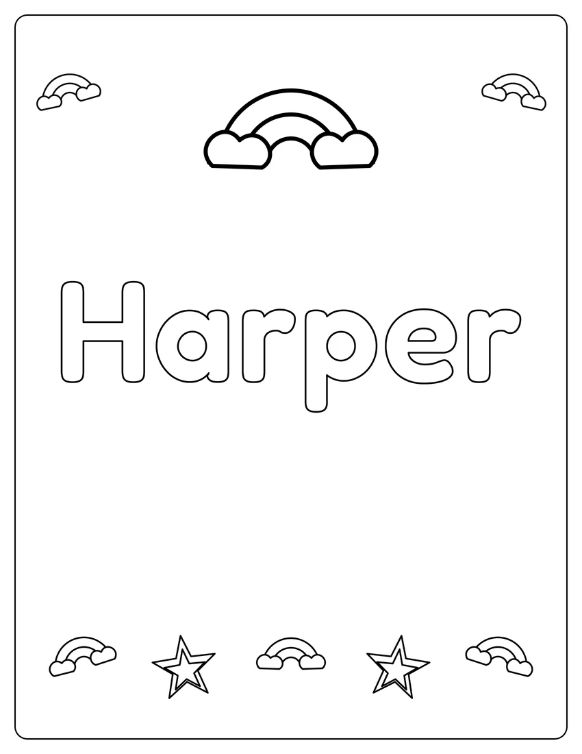 Harper name coloring page with rainbow bubble letters and open outlined letters