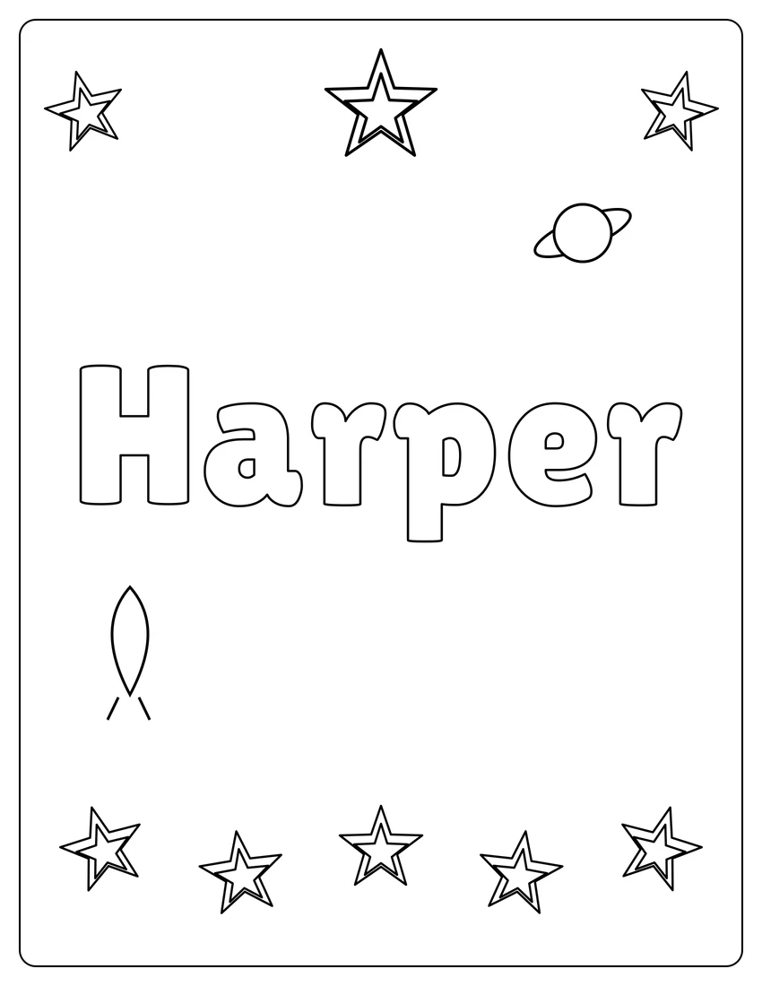 Harper name coloring page with space & planets and open outlined letters