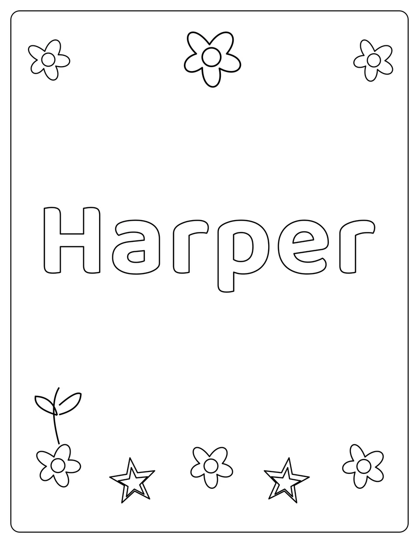 Harper name coloring page with flower garden and open outlined letters