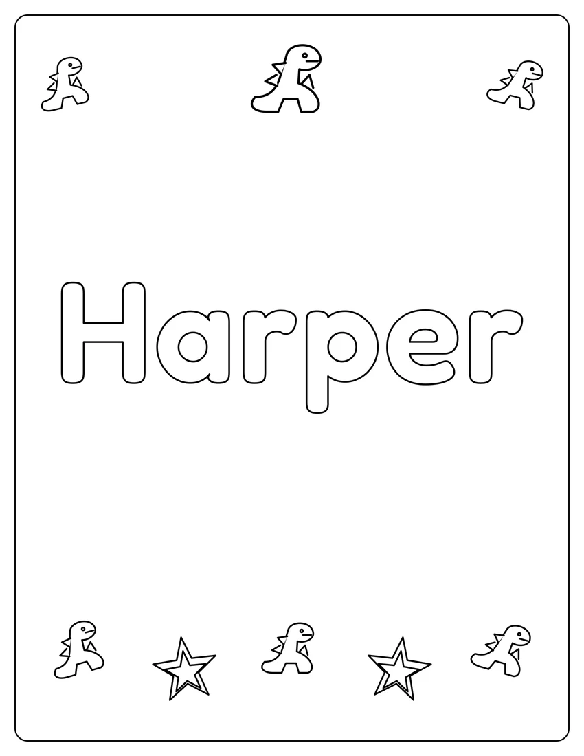 Harper name coloring page with dinosaur friends and open outlined letters