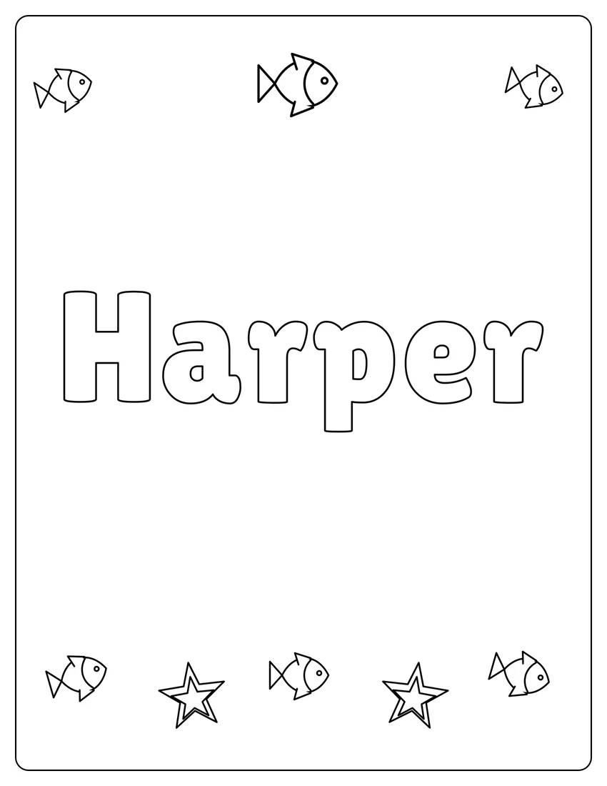 Harper name coloring page with under the sea and open outlined letters