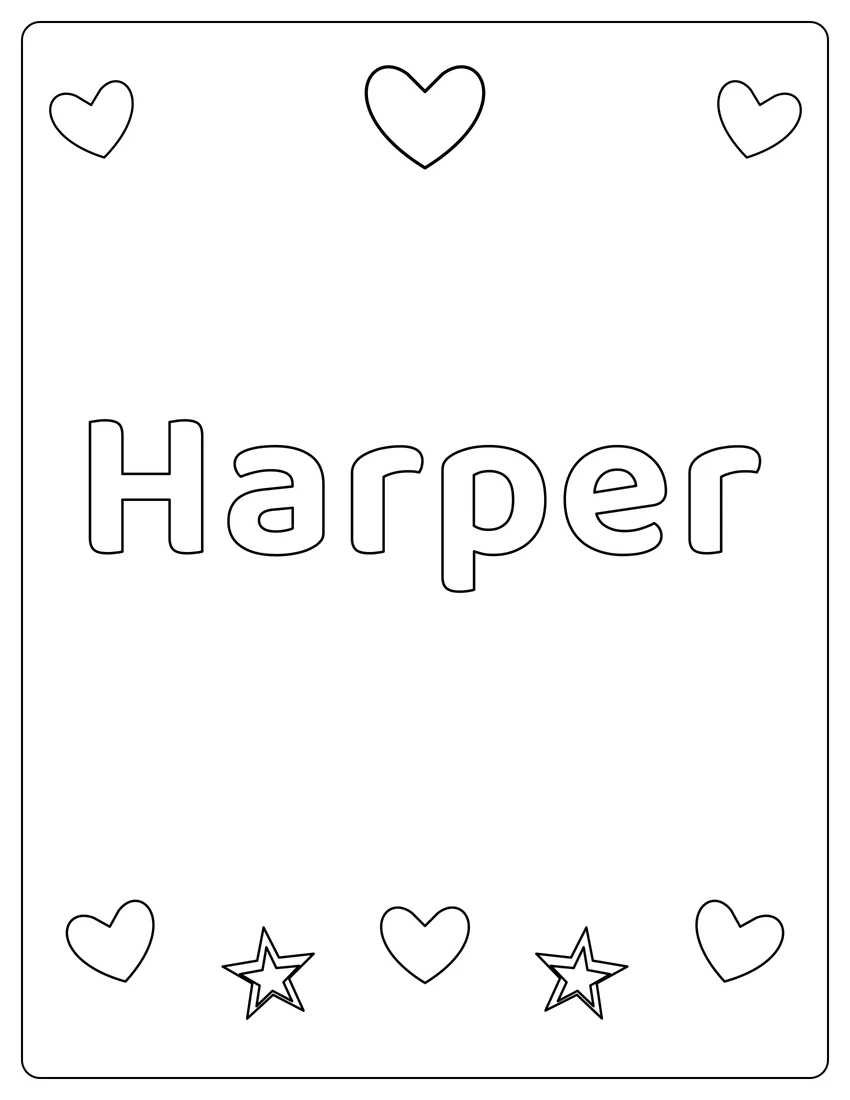Harper name coloring page with hearts & love and open outlined letters