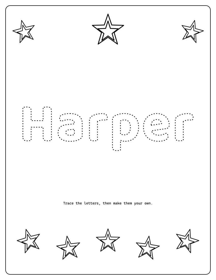 Harper name coloring page with decorative name tracing and dashed letters