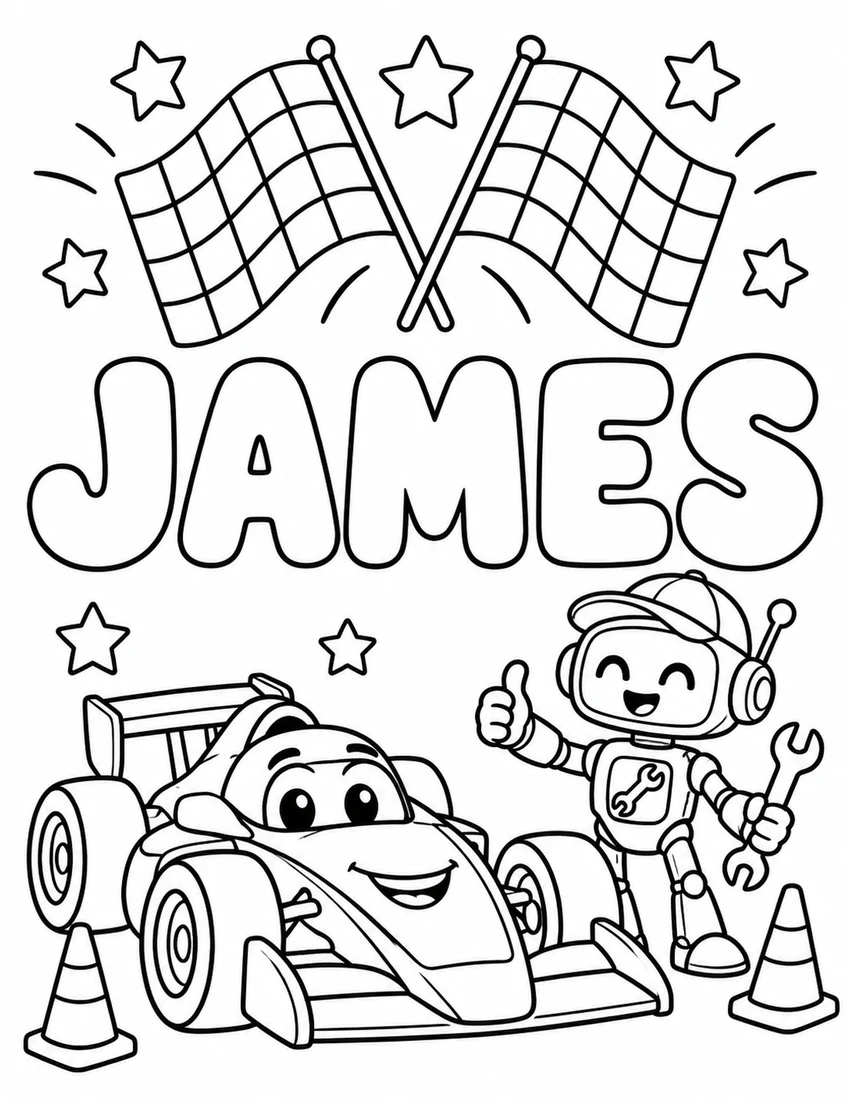 JAMES in hollow bubble letters with race car, checkered flags and a smiling mechanic robot