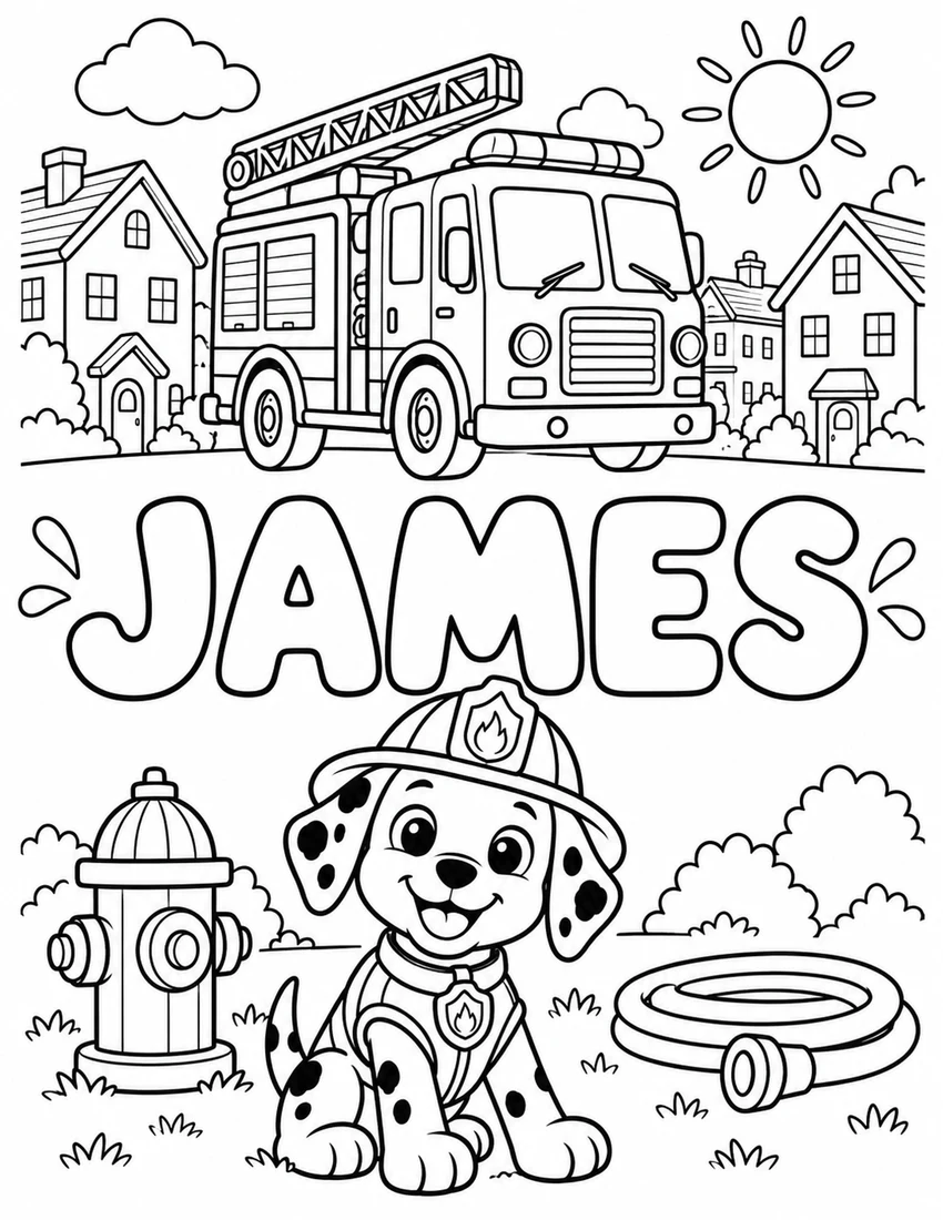 JAMES in hollow bubble letters with firefighter puppy, fire truck and town houses