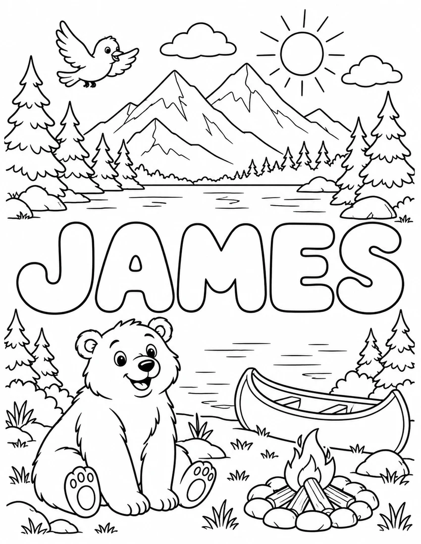 JAMES in hollow bubble letters with mountain camp with a bear, canoe and pine trees