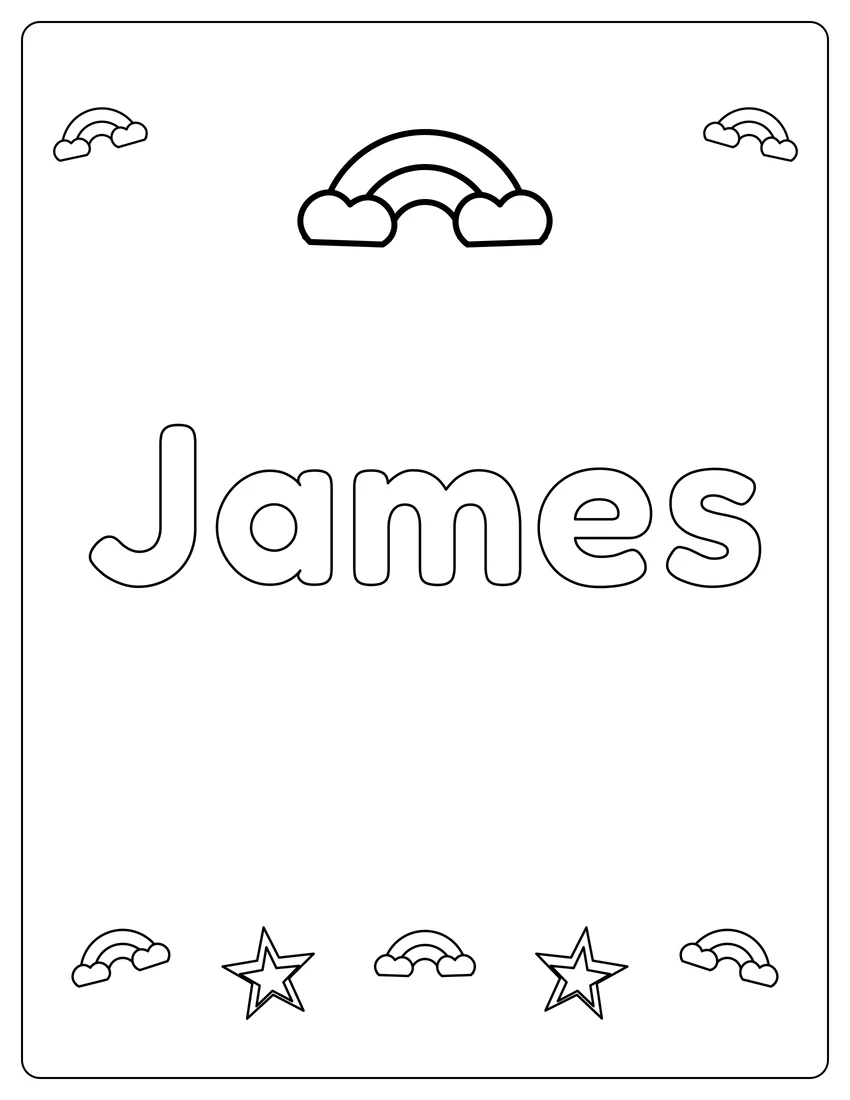 James name coloring page with rainbow bubble letters and open outlined letters