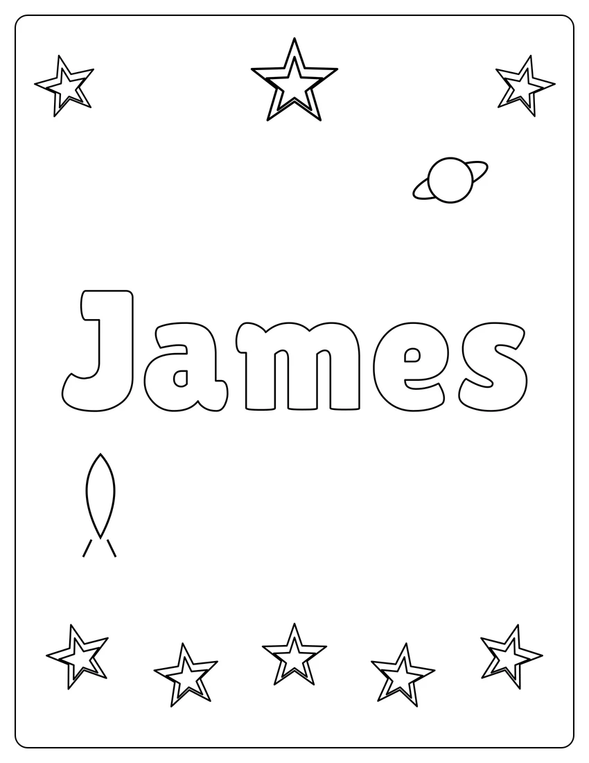 James name coloring page with space & planets and open outlined letters