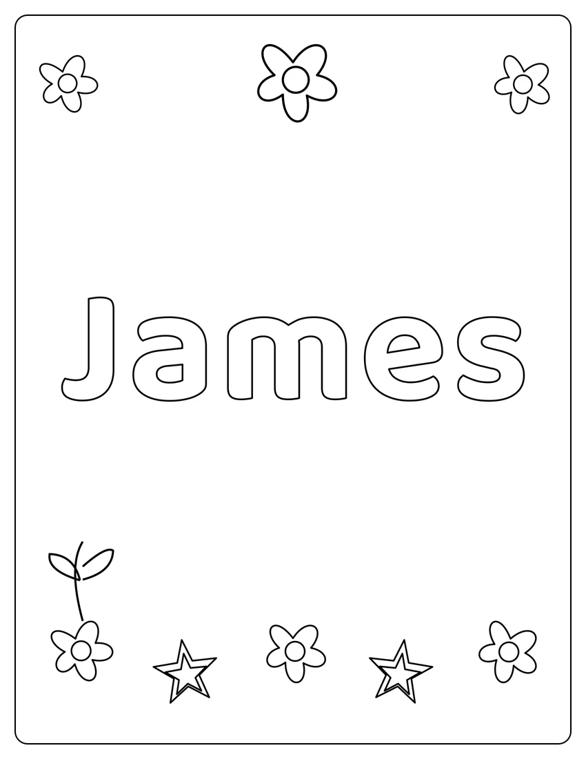 James name coloring page with flower garden and open outlined letters