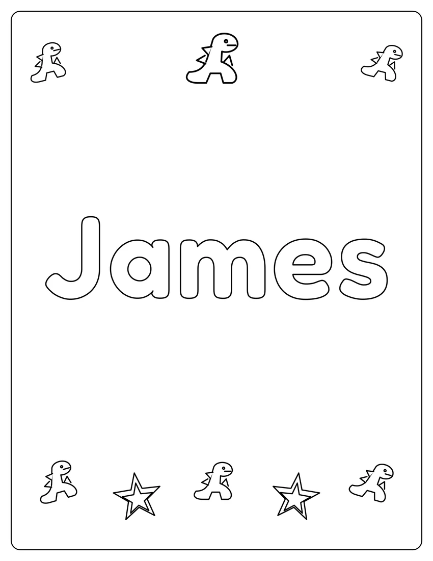 James name coloring page with dinosaur friends and open outlined letters