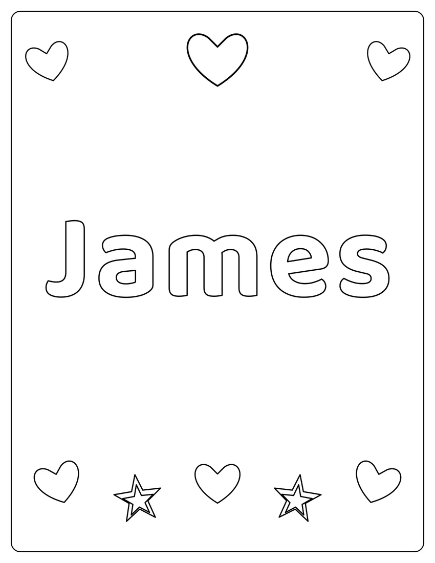 James name coloring page with hearts & love and open outlined letters