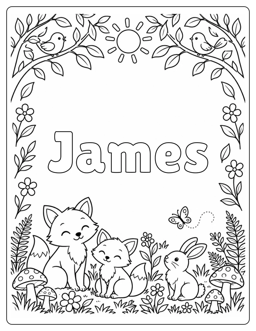 James name coloring page with woodland name and open outlined letters