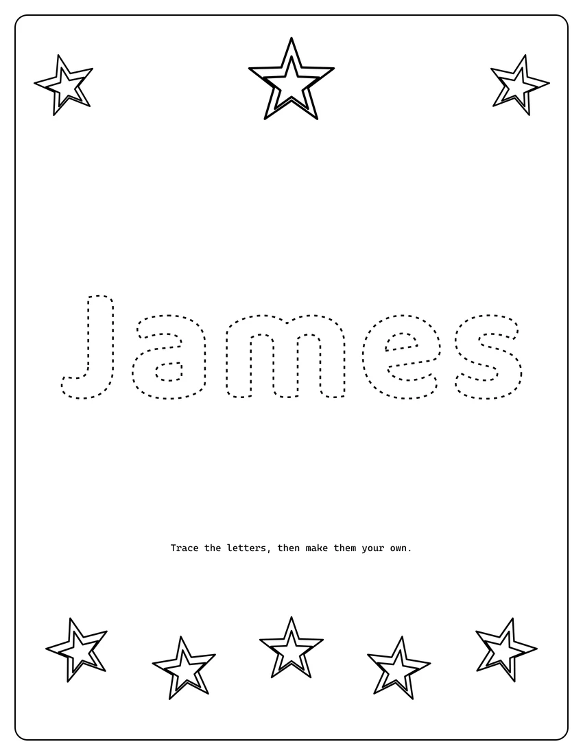 James name coloring page with decorative name tracing and dashed letters