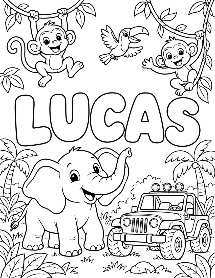 LUCAS in hollow bubble letters with jungle jeep, friendly elephant and monkeys
