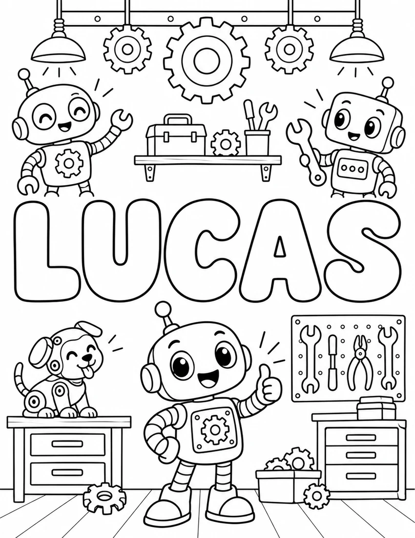 LUCAS in hollow bubble letters with robot workshop with gears, tools and little robots