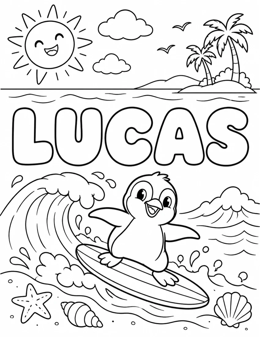 LUCAS in hollow bubble letters with surfing penguin, seashells and rolling waves