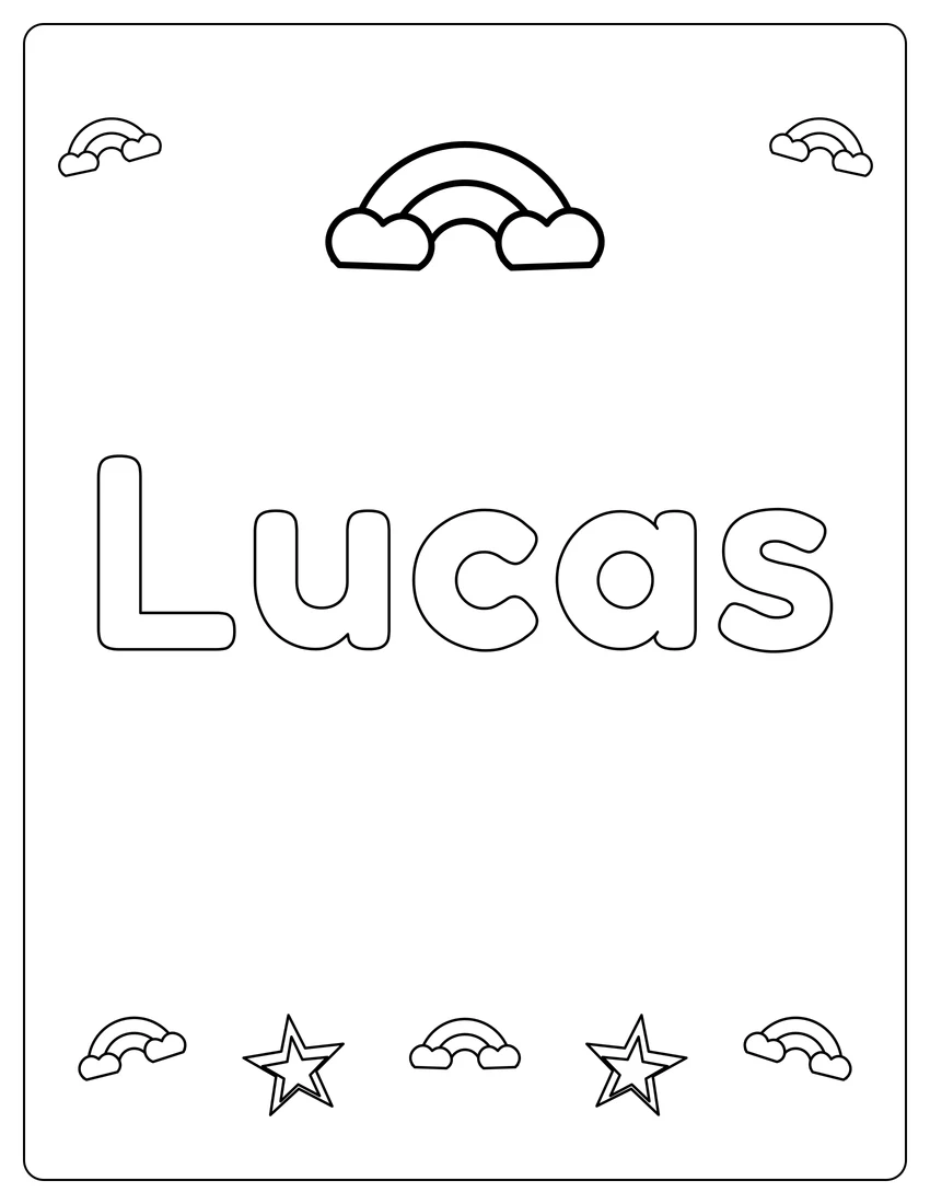 Lucas name coloring page with rainbow bubble letters and open outlined letters