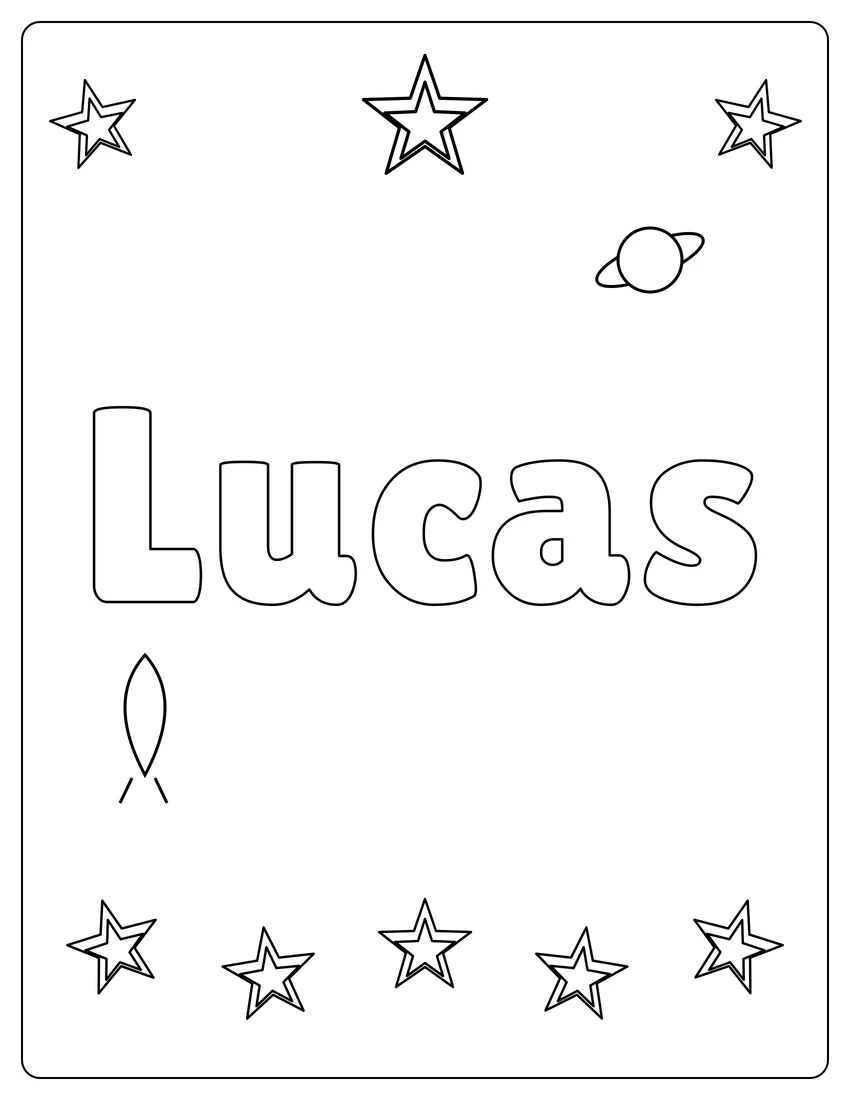 Lucas name coloring page with space & planets and open outlined letters