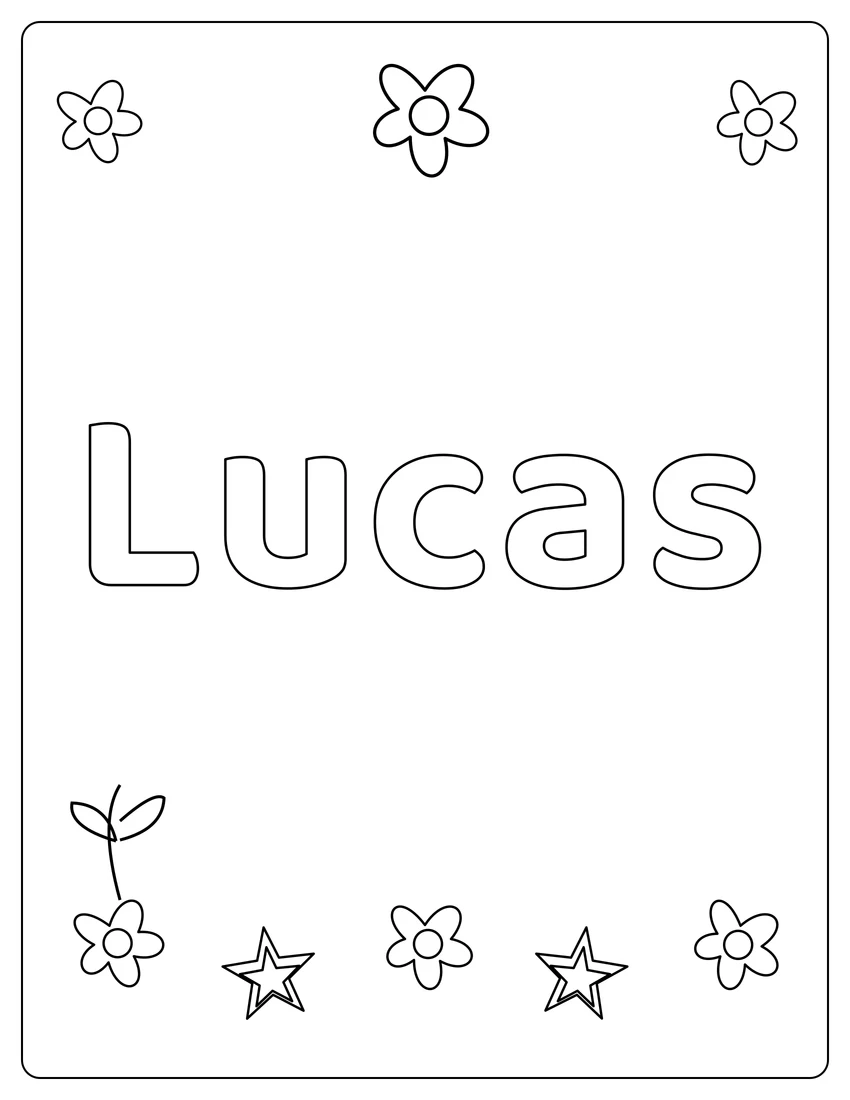Lucas name coloring page with flower garden and open outlined letters