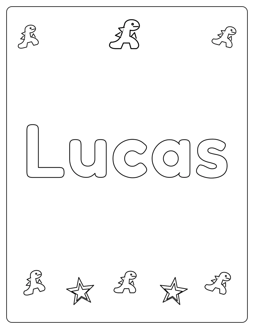 Lucas name coloring page with dinosaur friends and open outlined letters
