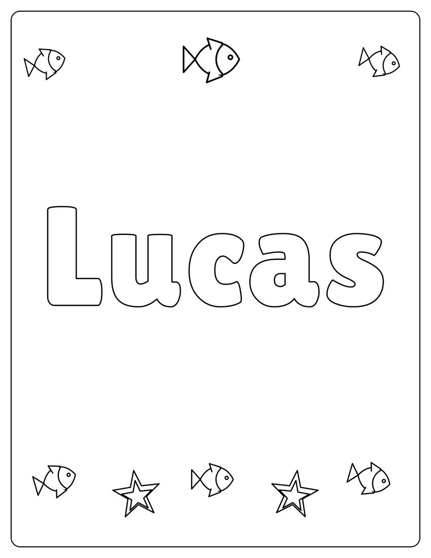 Lucas name coloring page with under the sea and open outlined letters