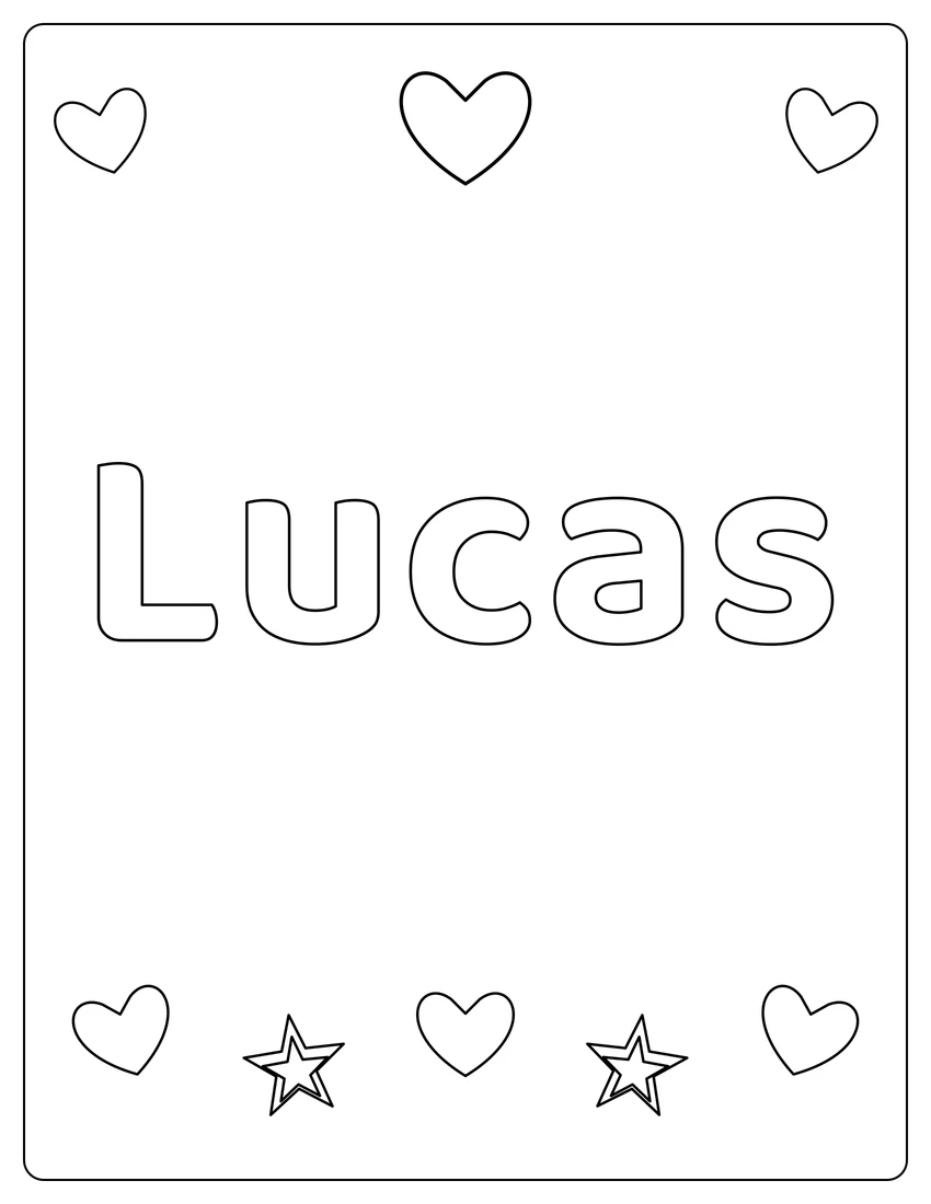 Lucas name coloring page with hearts & love and open outlined letters