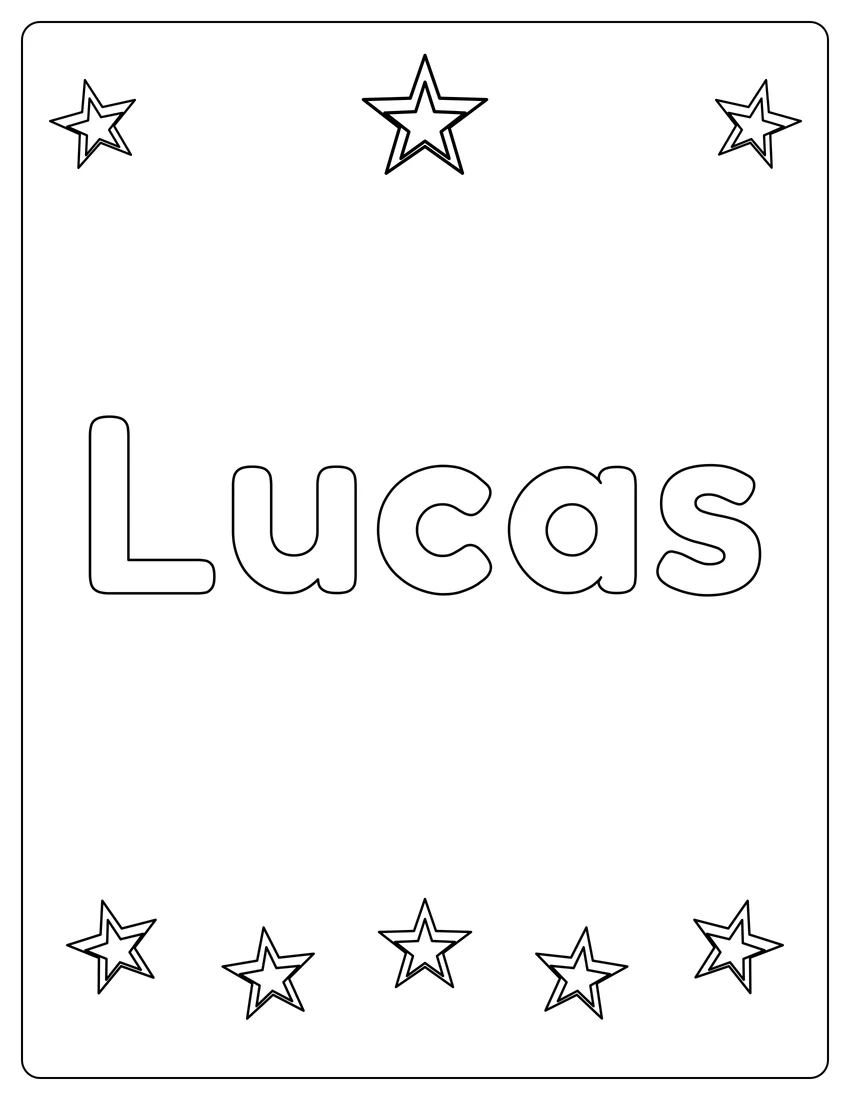 Lucas name coloring page with superstar name and open outlined letters