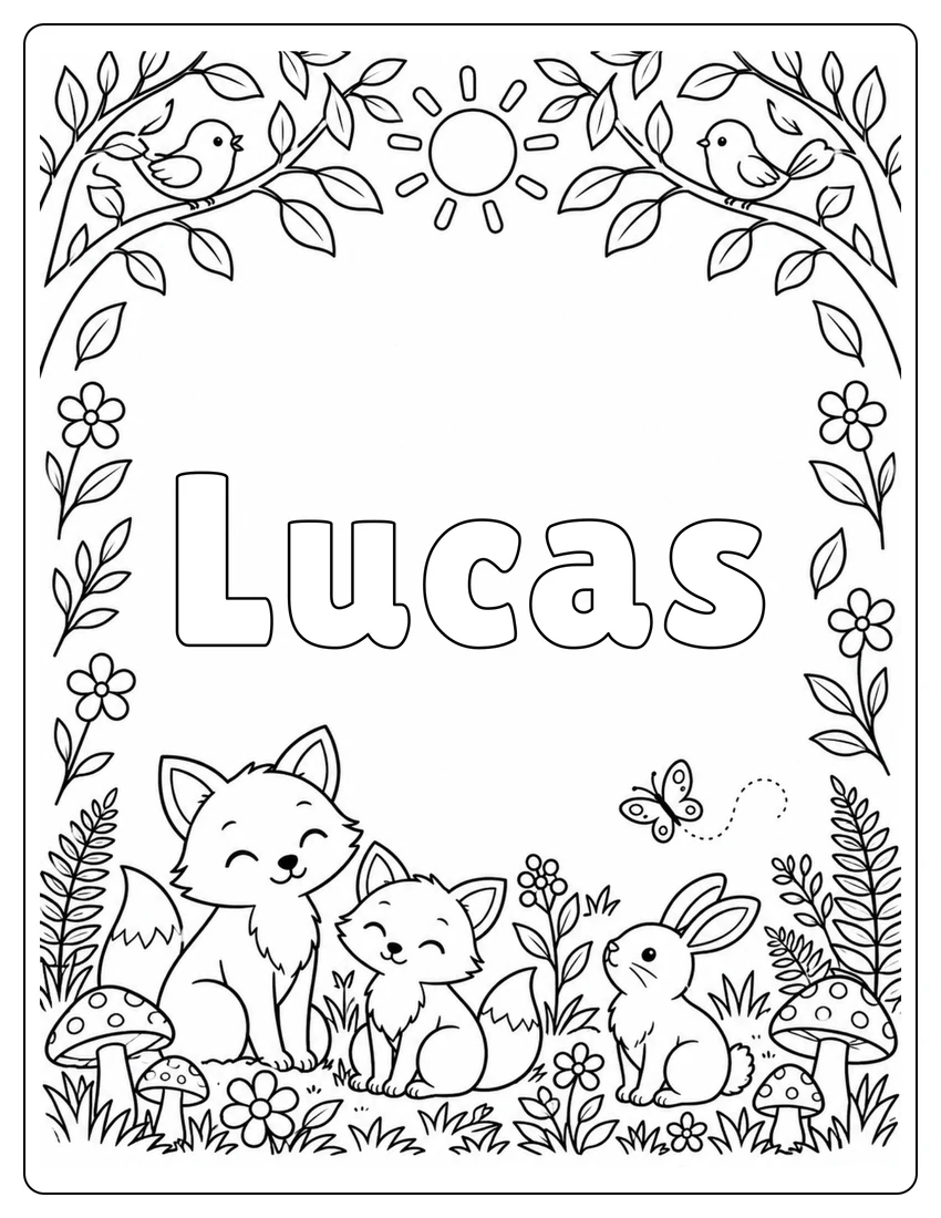 Lucas name coloring page with woodland name and open outlined letters