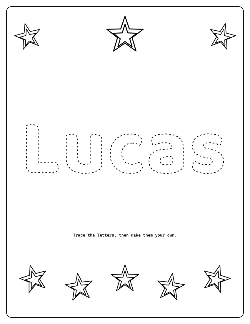 Lucas name coloring page with decorative name tracing and dashed letters