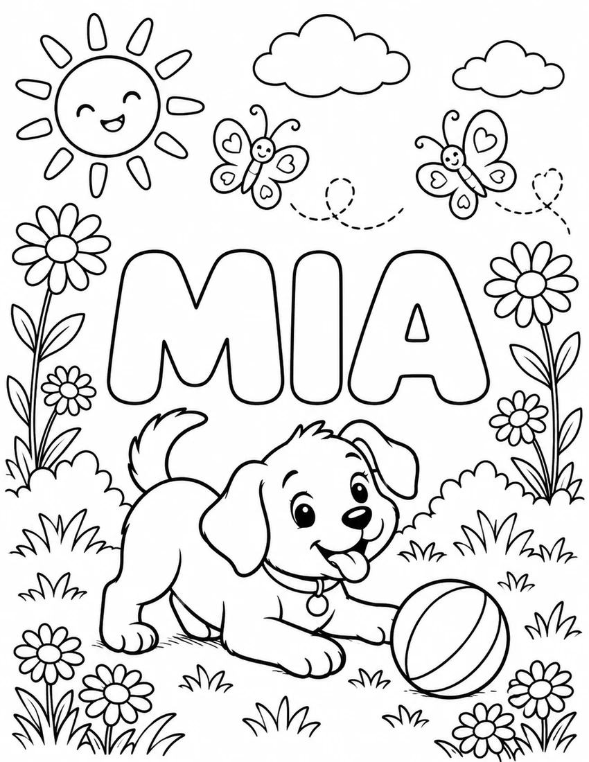 MIA in hollow bubble letters with playful puppy in a garden with a ball and daisies