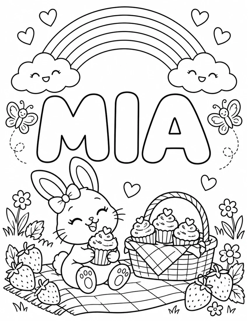 MIA in hollow bubble letters with rainbow above a cupcake picnic and strawberries