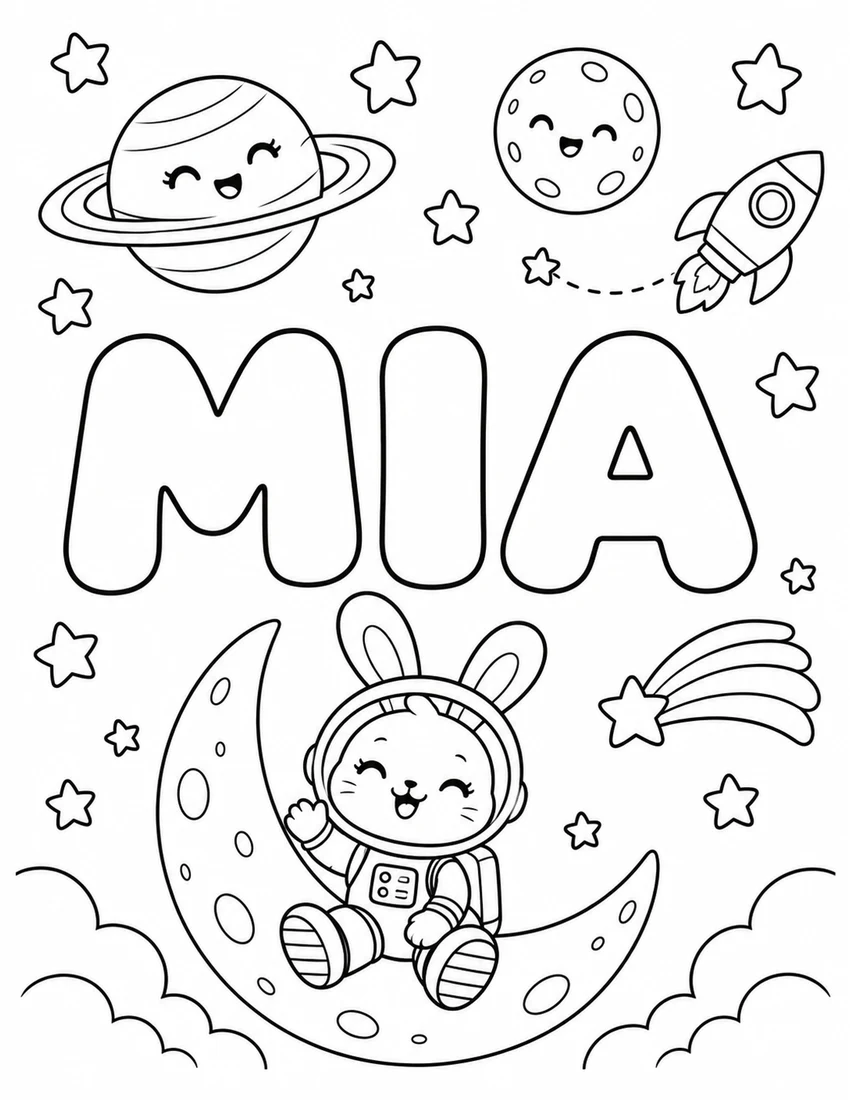 MIA in hollow bubble letters with tiny astronaut bunny sitting on a crescent moon
