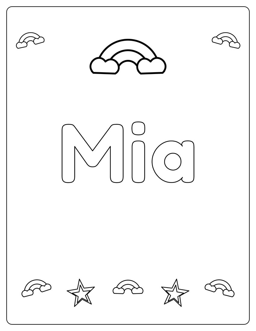 Mia name coloring page with rainbow bubble letters and open outlined letters
