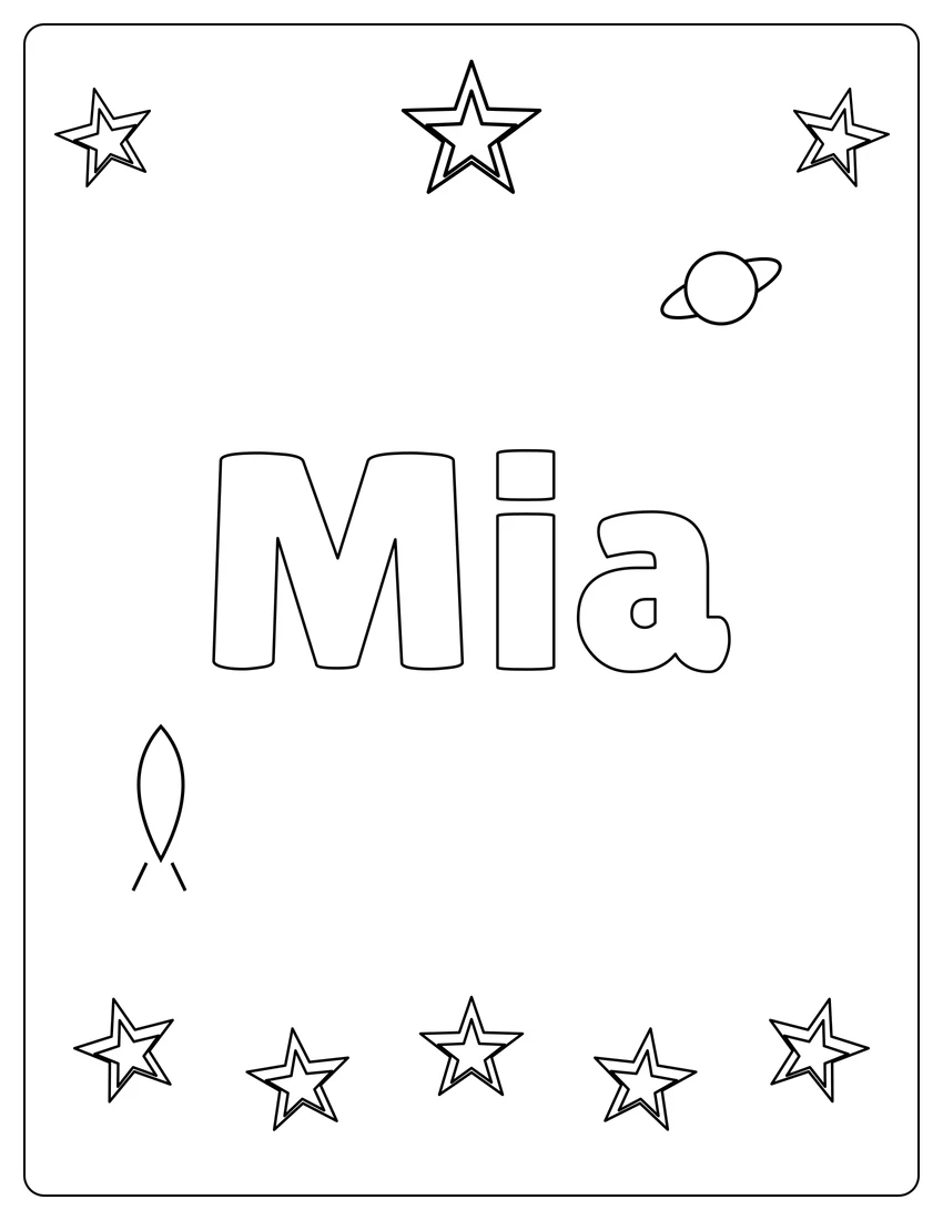 Mia name coloring page with space & planets and open outlined letters
