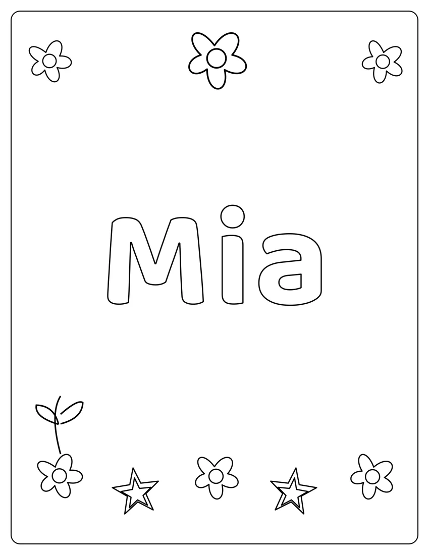 Mia name coloring page with flower garden and open outlined letters