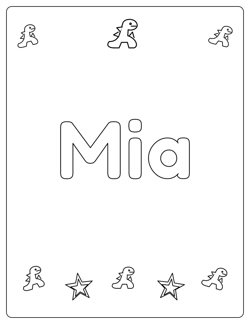 Mia name coloring page with dinosaur friends and open outlined letters