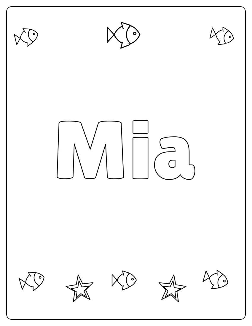 Mia name coloring page with under the sea and open outlined letters