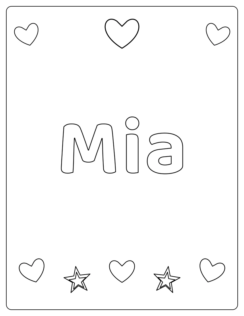 Mia name coloring page with hearts & love and open outlined letters