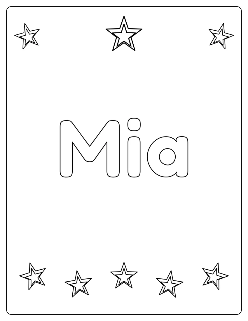 Mia name coloring page with superstar name and open outlined letters