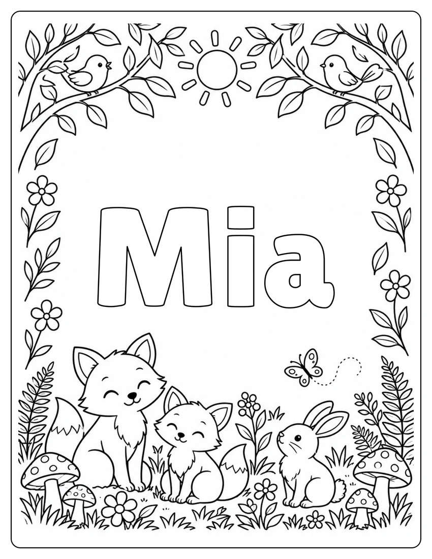Mia name coloring page with woodland name and open outlined letters