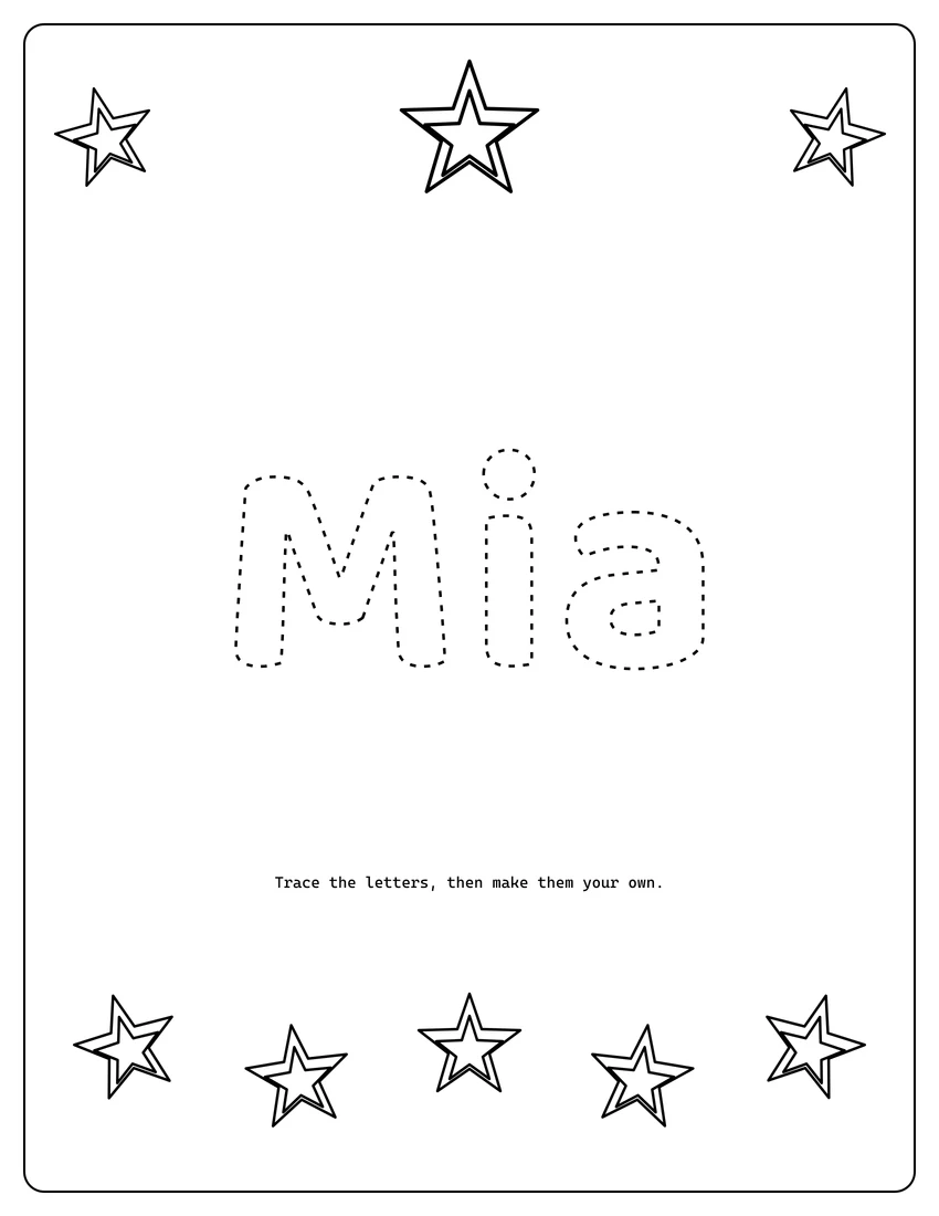 Mia name coloring page with decorative name tracing and dashed letters
