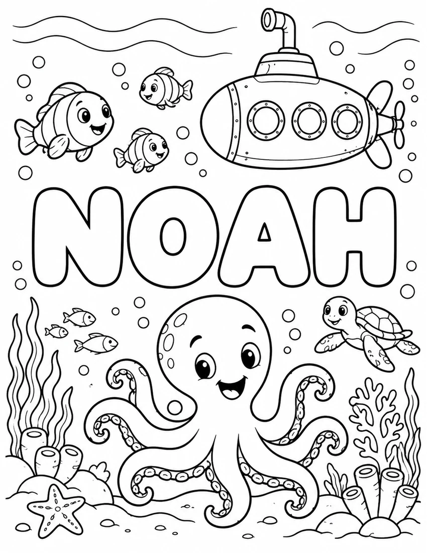 NOAH in hollow bubble letters with friendly octopus, submarine and coral reef