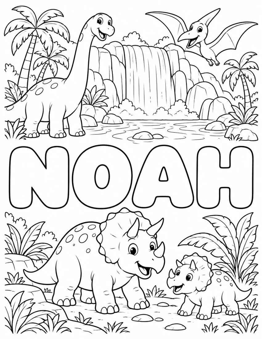 NOAH in hollow bubble letters with dinosaur family beside a waterfall and palm trees