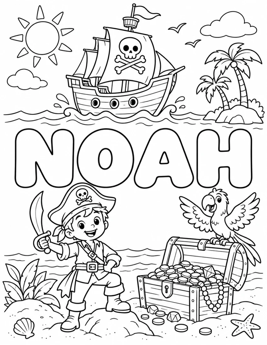 NOAH in hollow bubble letters with pirate ship, treasure chest and cheerful parrot