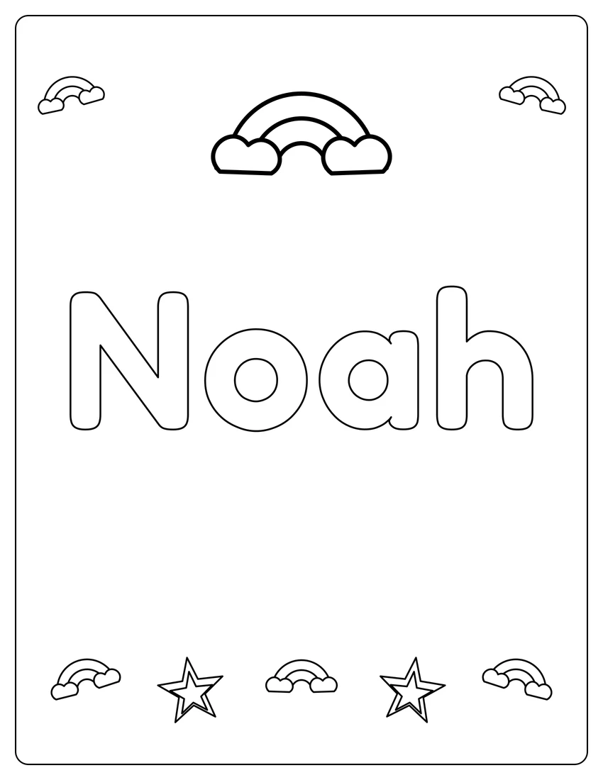 Noah name coloring page with rainbow bubble letters and open outlined letters