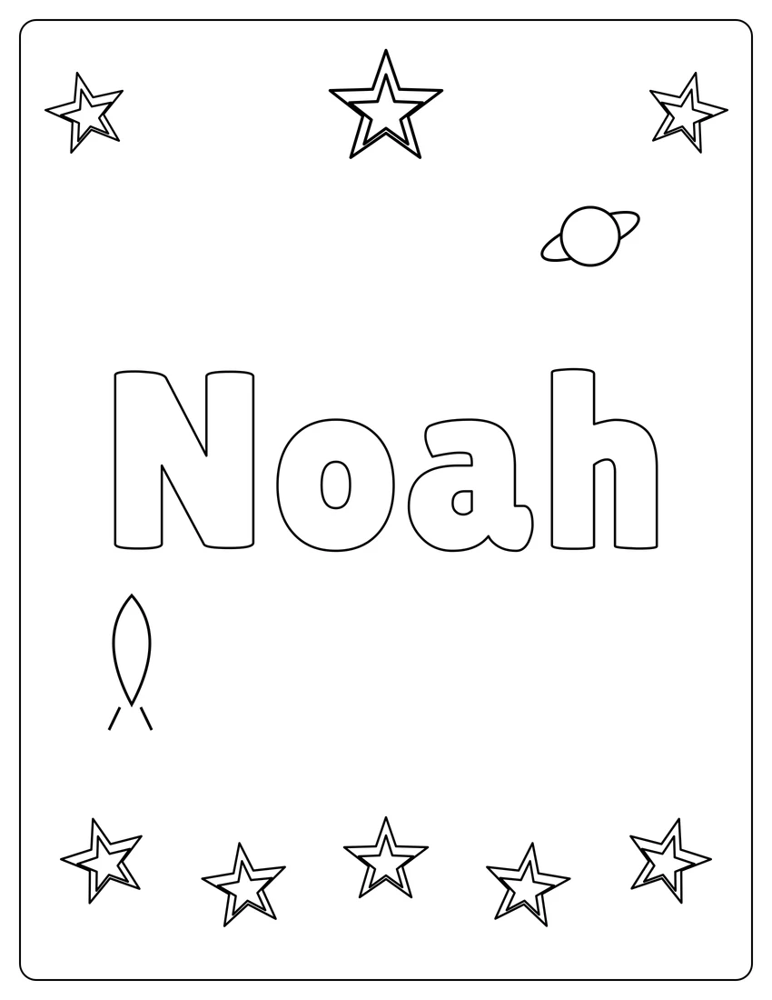Noah name coloring page with space & planets and open outlined letters