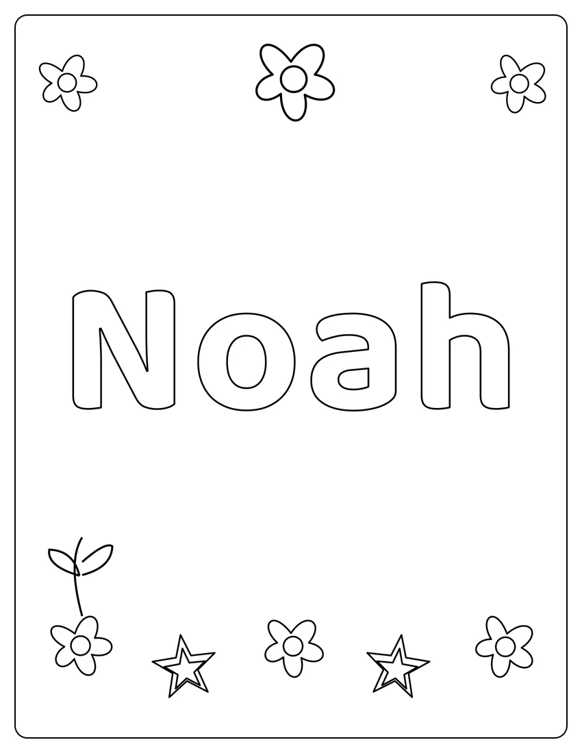 Noah name coloring page with flower garden and open outlined letters