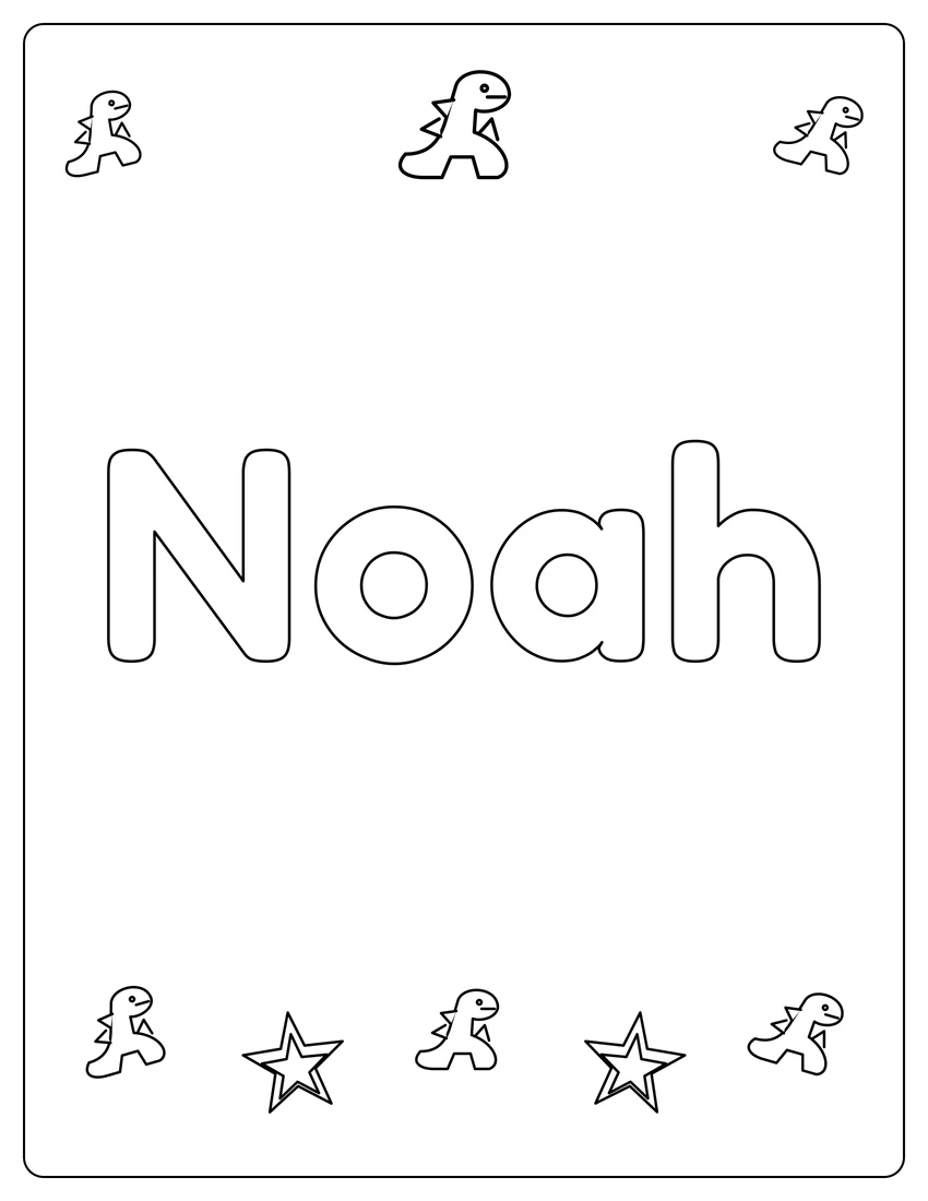 Noah name coloring page with dinosaur friends and open outlined letters