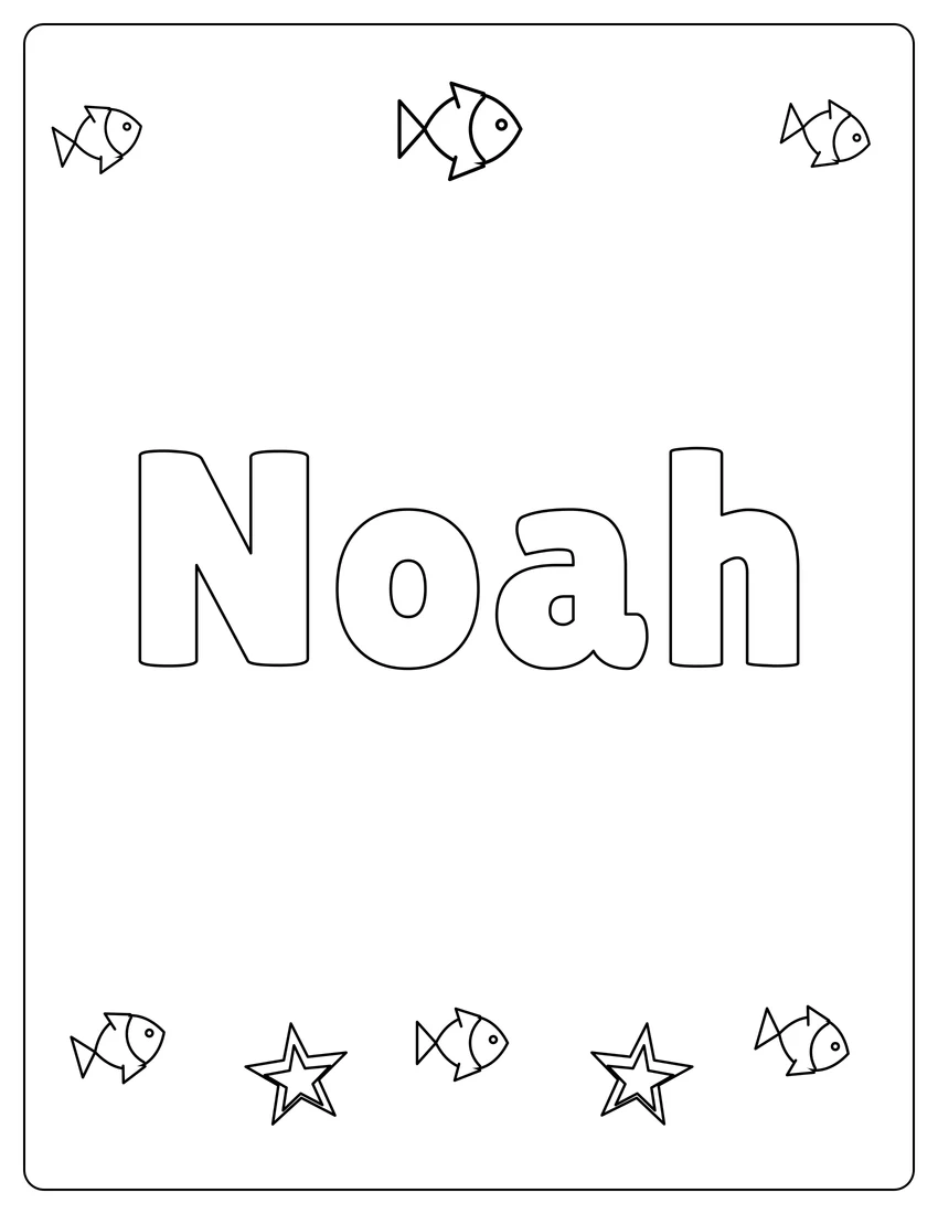 Noah name coloring page with under the sea and open outlined letters