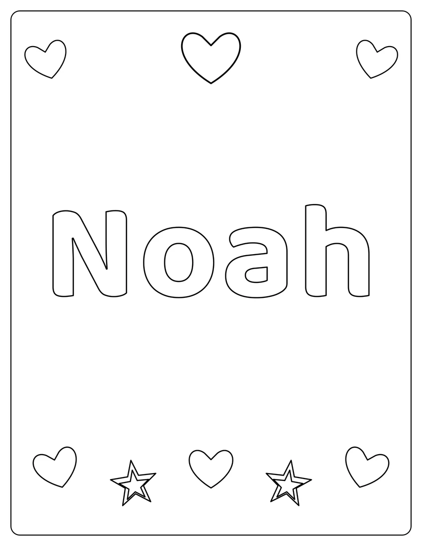 Noah name coloring page with hearts & love and open outlined letters